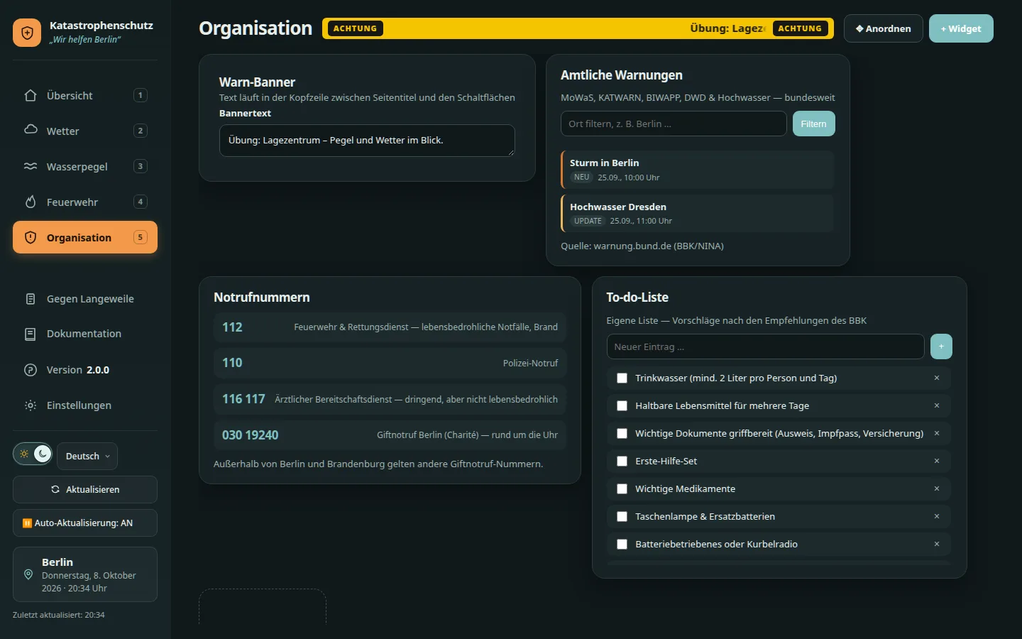 Seite Organisation mit Warnliste, Notrufnummern und To-do-Liste