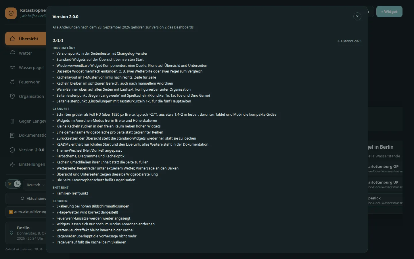 Changelog-Fenster der Version 2.0.0