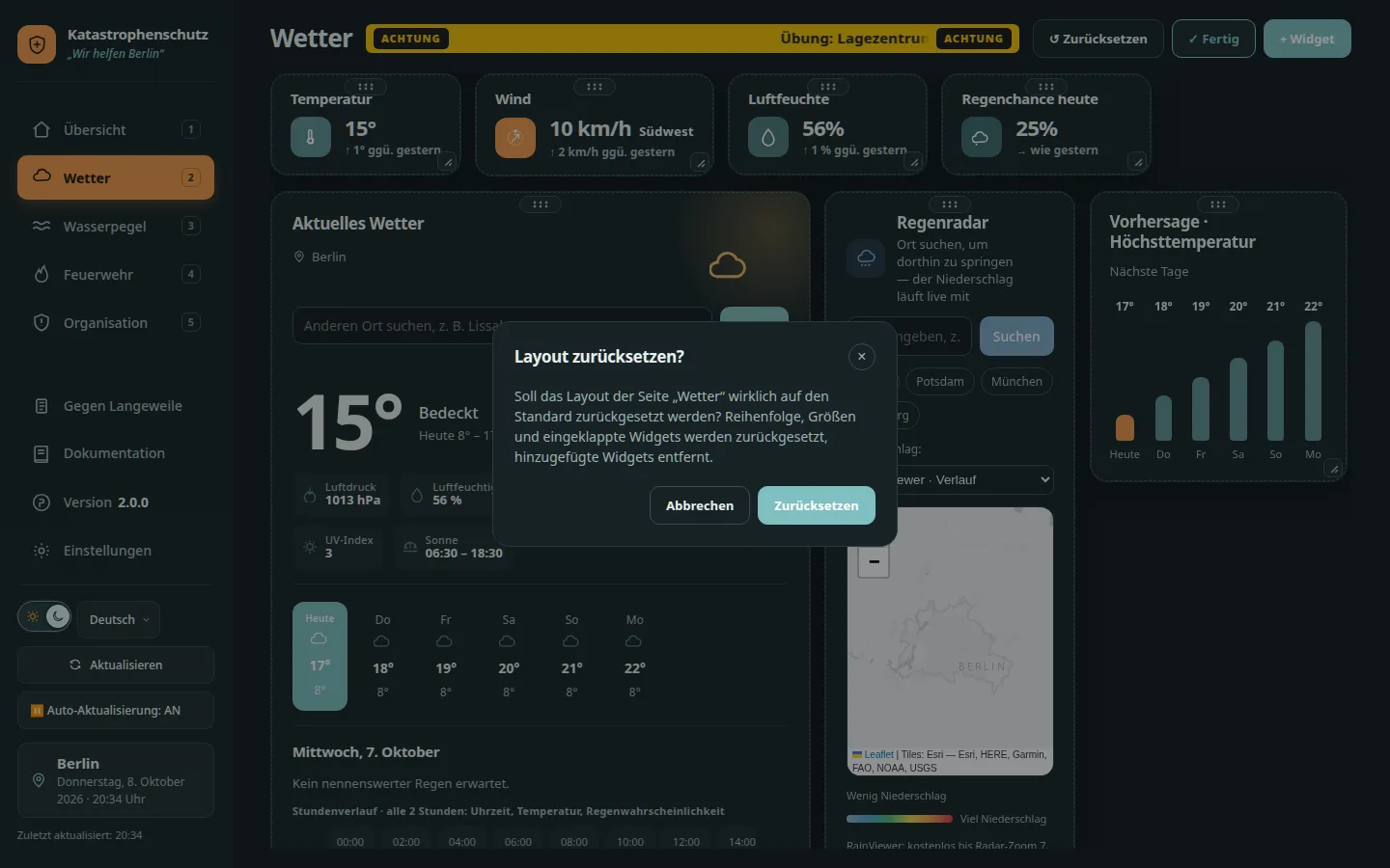 Rückfrage Layout zurücksetzen mit den Schaltflächen Abbrechen und Zurücksetzen